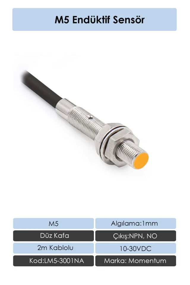 Sensör Endüktif M5 1mm Düz Kafa 2m Kablo NPN NO LM5-3001NA
