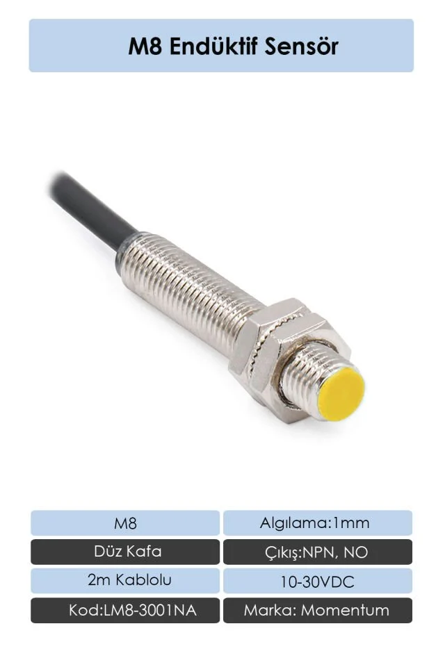 Sensör Endüktif M8 1mm Düz Kafa 2m Kablo NPN NO LM8-3001NA