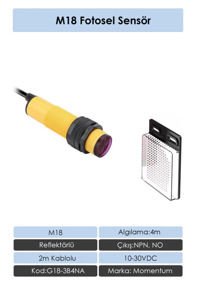Fotosel M18 4m Reflektörlü 2m Kablo NPN NO+NC G18-3B4NC