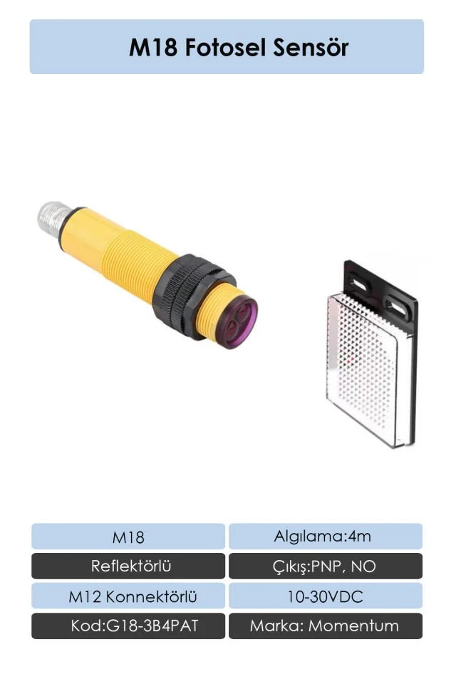 Fotosel M18 4m Reflektörlü Konnektör NPN NO+NC G18-3B4NCT