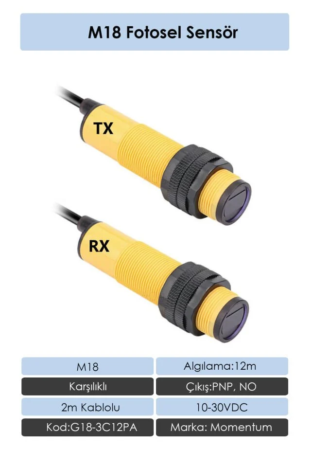 Fotosel M18 12m Karşılıklı 2m Kablo NPN NO+NC G18-3C12NC