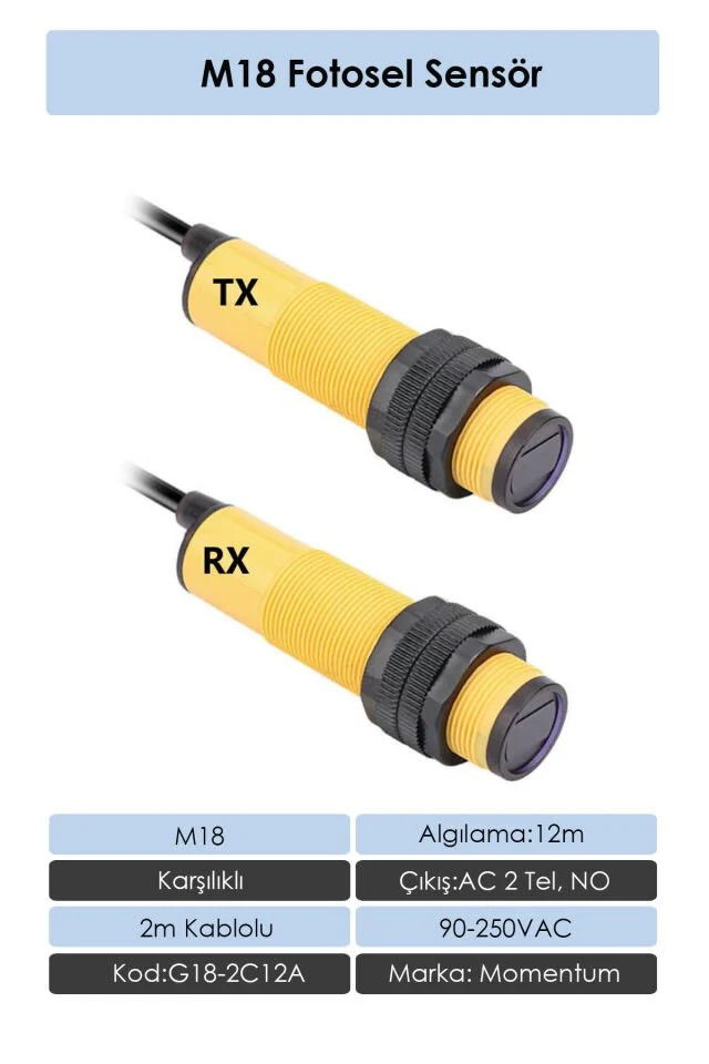 Fotosel M18 12m Karşılıklı 2m Kablo DC 2 Tel NC G18-3C12LB