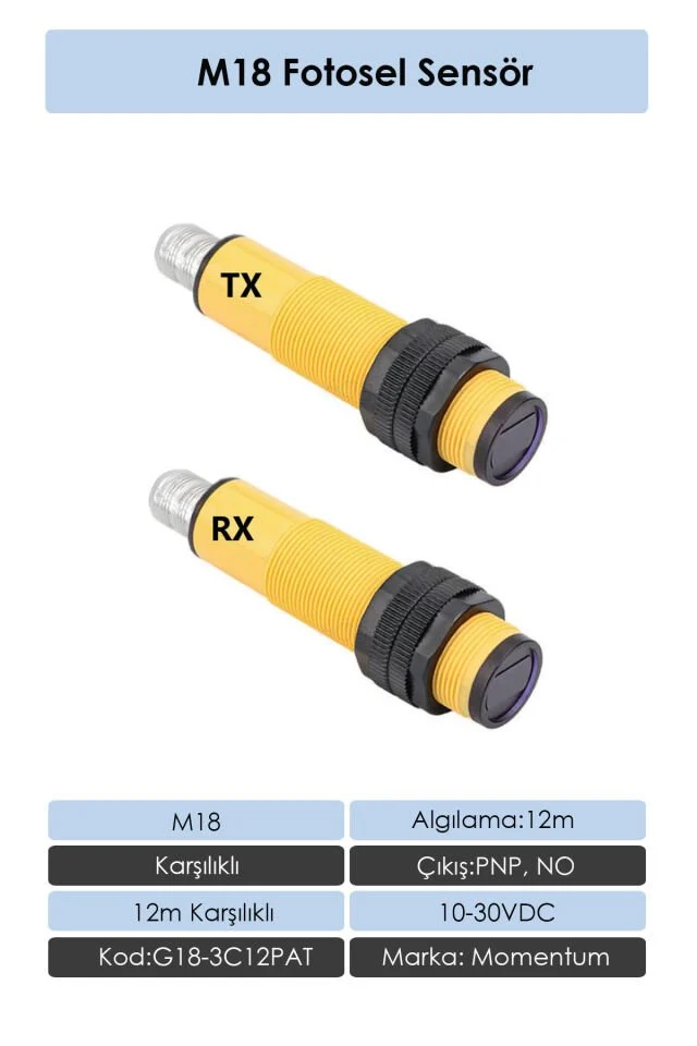 Fotosel M18 12m Karşılıklı Konnektör NPN NO G18-3C12NAT
