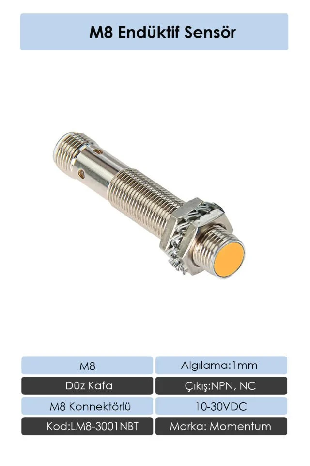 Sensör Endüktif M8 1mm Düz Kafa Konnektör M8 NPN NC LM8-3001NBT