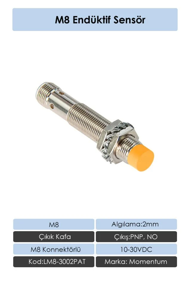 Sensör Endüktif M8 2mm Çıkık Kafa Konnektör M8 PNP NO LM8-3002PAT