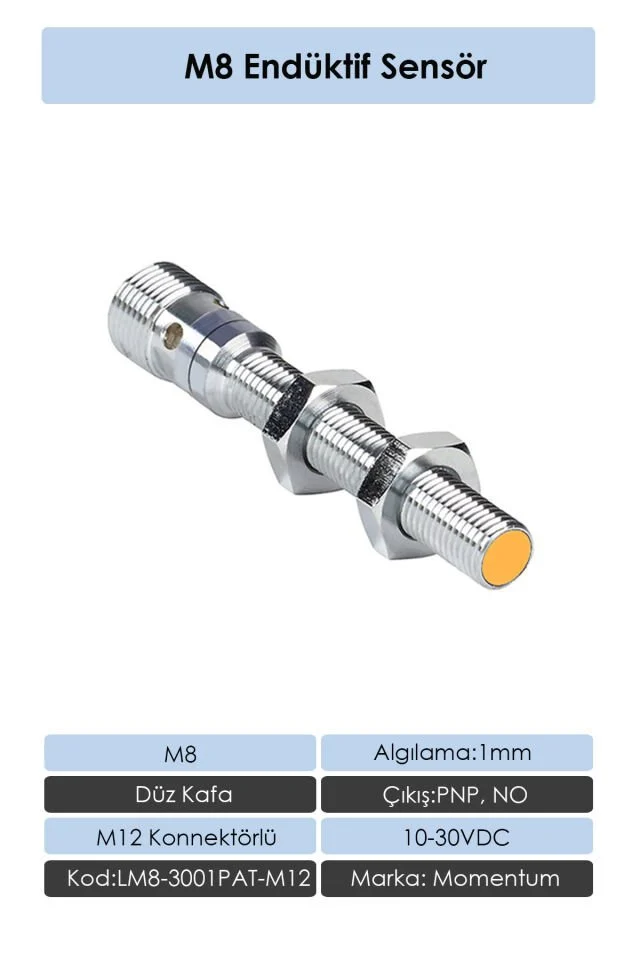 Sensör Endüktif M8 1mm Düz Kafa Konnektör M12 PNP NO LM8-3001PAT-M12