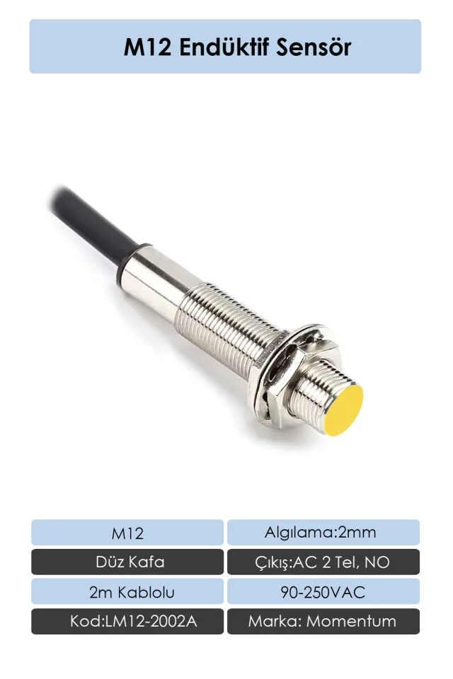 M12 Endüktif Sensör 2mm Düz Kafa AC 2 Tel NO LM12-2002A