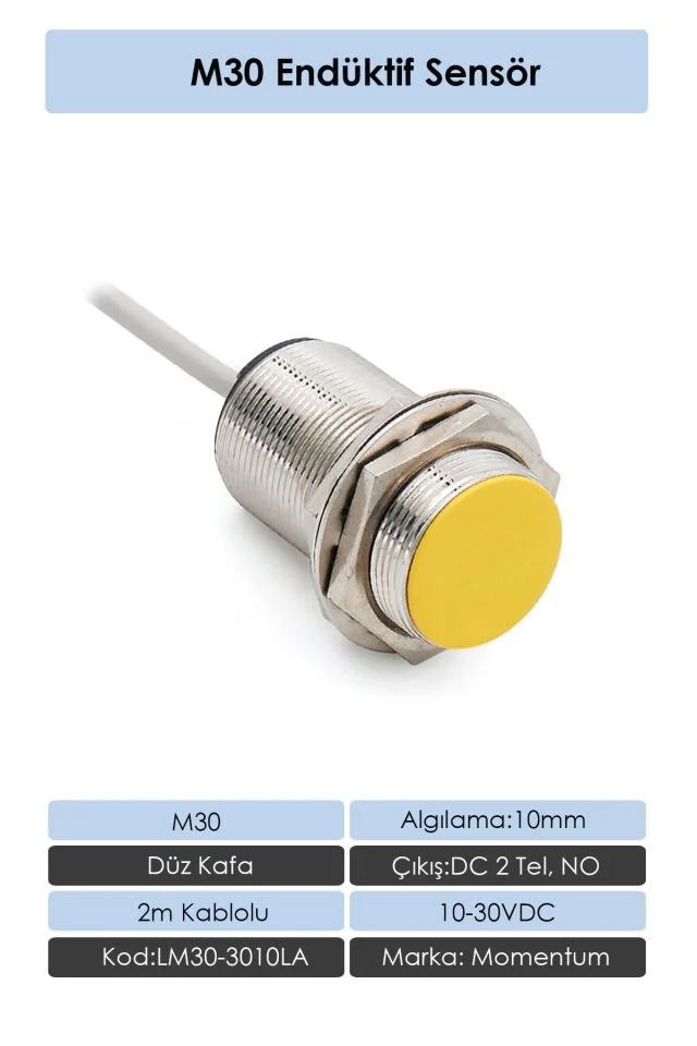 Sensör Endüktif M30 10mm Düz Kafa 2m Kablo DC 2 Tel NO LM30-3010LA