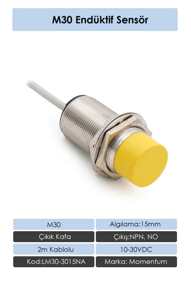 Sensör Endüktif M30 15mm Çıkık Kafa 2m Kablo NPN NO LM30-3015NA