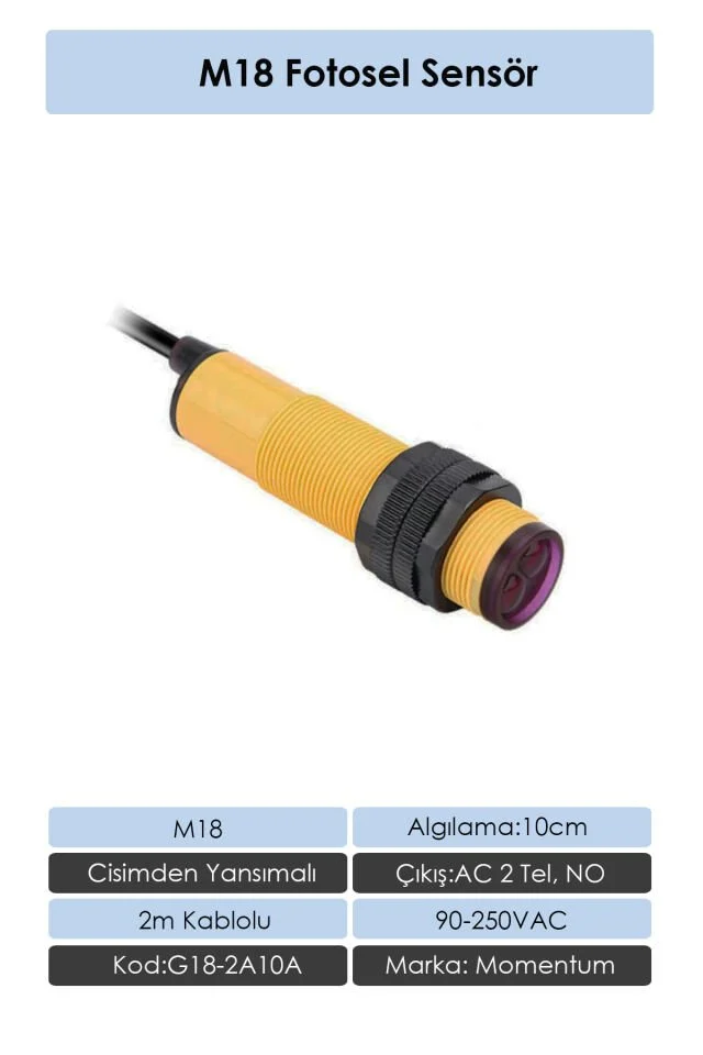 Fotosel M18 10cm Cisimden 2m Kablo AC 2 Tel NO G18-2A10A